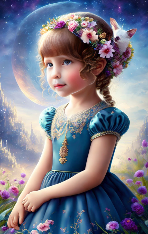 Young girl with floral crown and white rabbit in cosmic setting