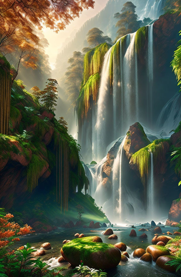 Tranquil waterfall over mossy rocks in lush forest