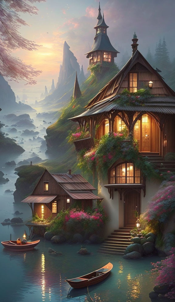 Illuminated wooden house in fantasy landscape with river, boats, and mystical mountain.