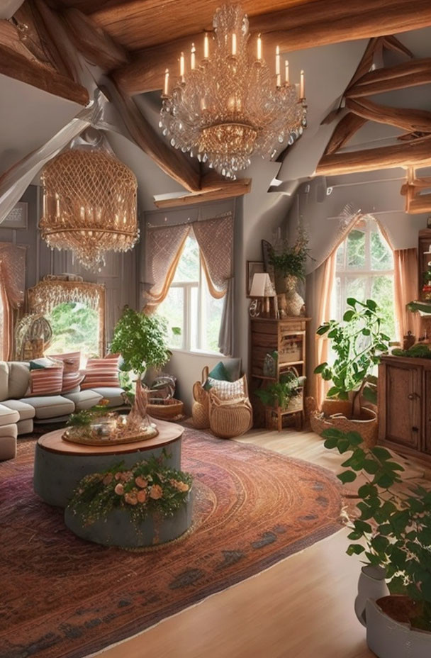 Warmly lit interior with wooden beams, chandeliers, plush seating, plants, and vintage rug