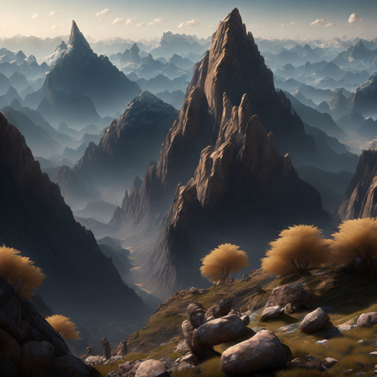 Majestic mountainous landscape with rugged peaks and misty valley