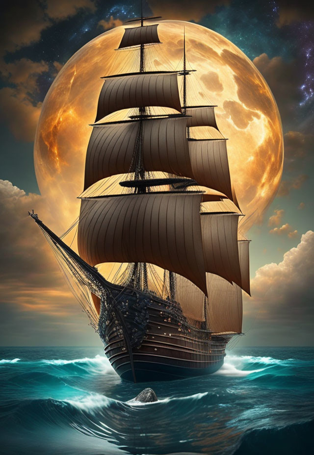 Sailing ship with billowing sails on moonlit sea