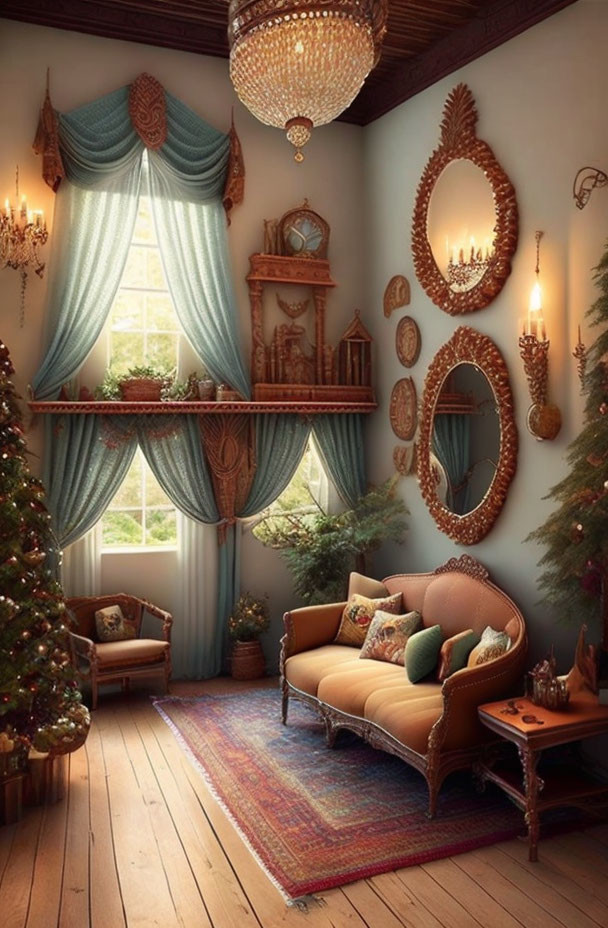 Vintage-styled room with chaise lounge, Christmas tree, mirror, drapes, chandelier,