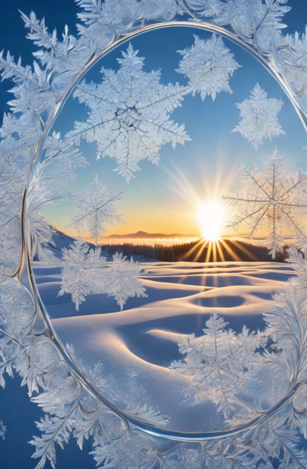 Winter landscape with frosted window frame and ice crystals