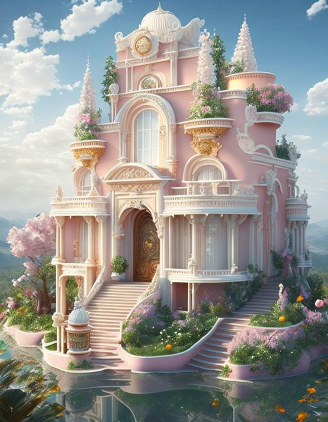 Pink castle with ornate details in lush greenery and mountains