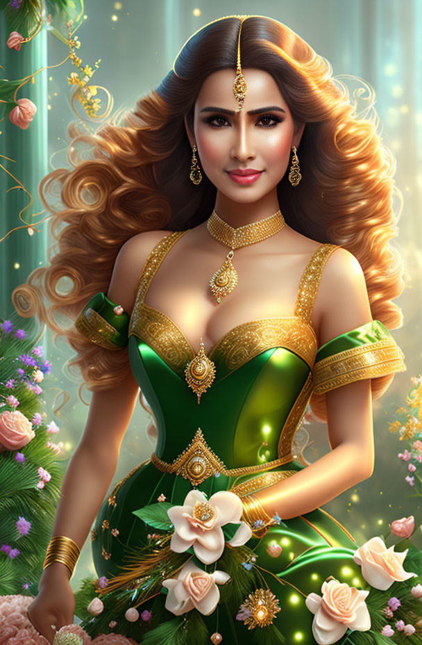 Illustrated Woman with Flowing Hair in Green and Gold Dress among Floral Background