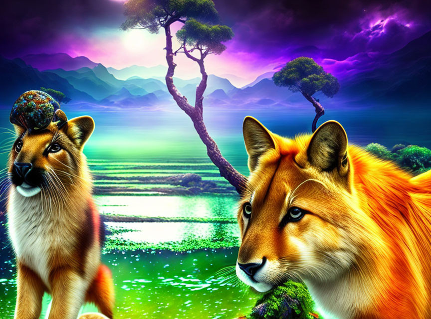 Fantasy landscape digital artwork with lion-like creatures in lush greenery