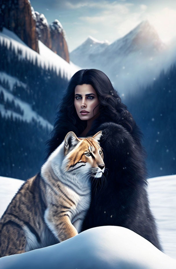 Dark-haired woman with tiger in snowy landscape at twilight