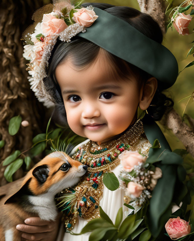 Toddler in flower crown holds tricolor puppy under tree