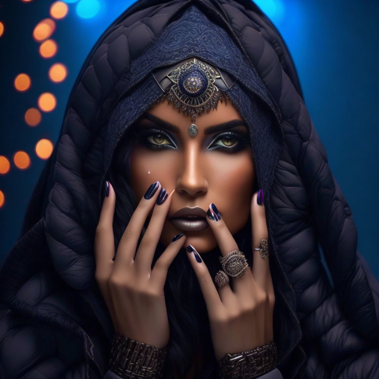 Woman with dramatic makeup and ornate headpiece in hood, dark nails, bokeh lights.