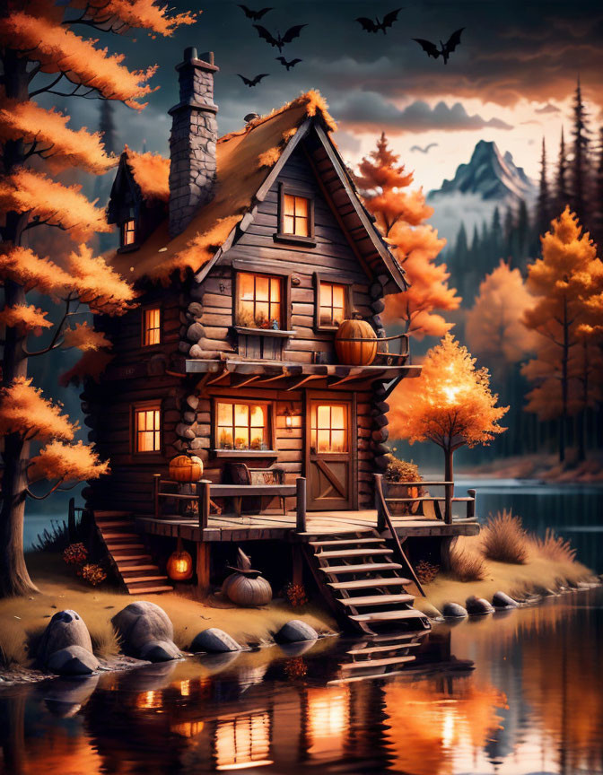 Autumn cabin by lake with orange trees and pumpkins