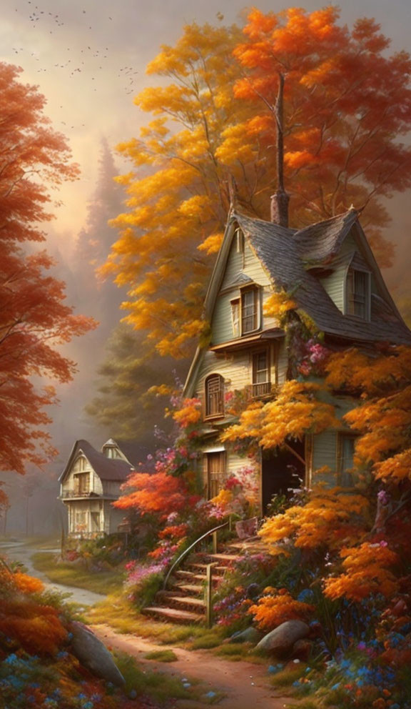 Wooden house surrounded by autumn foliage and soft light