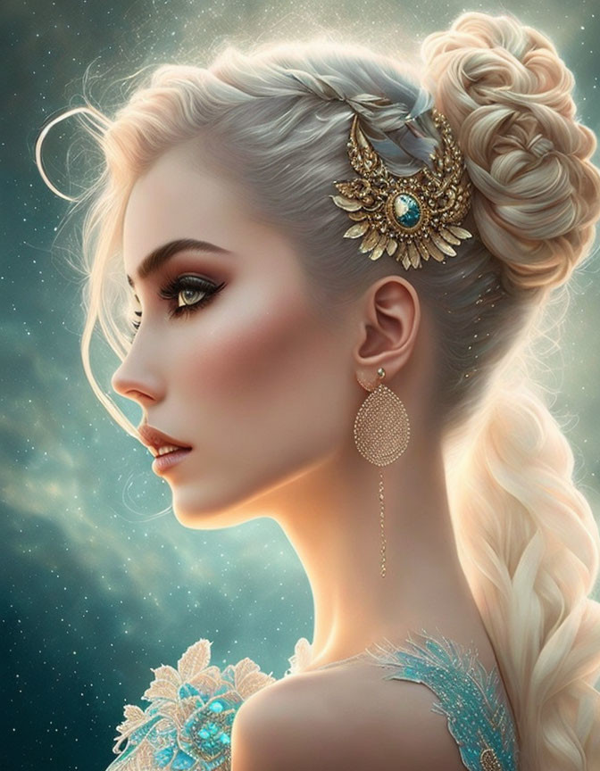 Woman with Intricate Updo, Golden Hair Accessory, Dangling Earrings, Blue Dress,