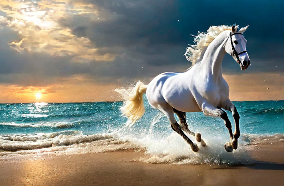 White horse galloping on beach at sunset