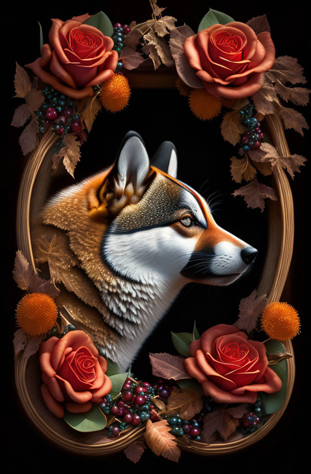 Fox Face in Ornate Oval Wreath with Roses on Black Background