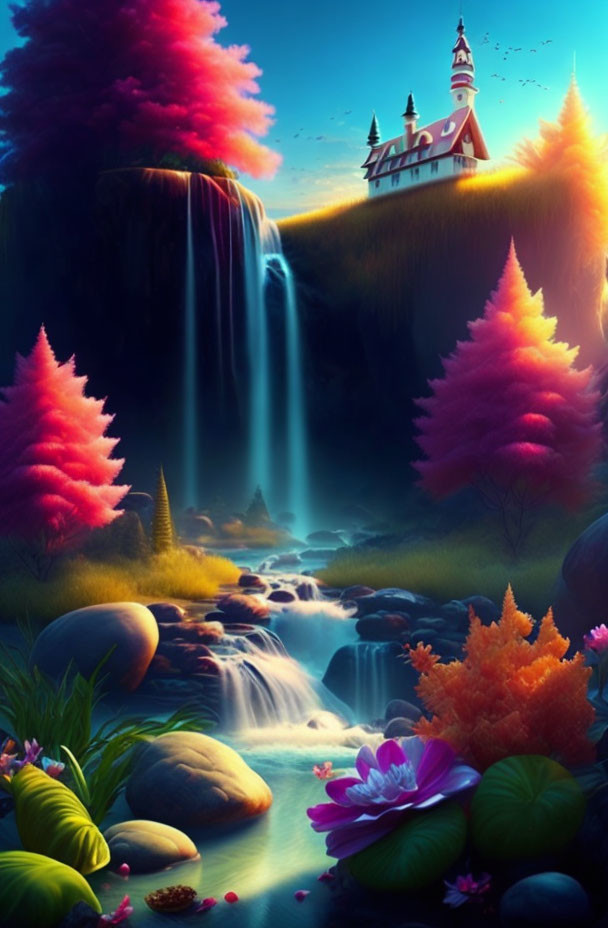 Tranquil fantasy landscape with waterfall, colorful trees, stream, flowers, and distant castle