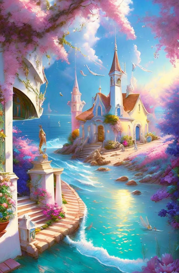 Pastel-colored church in serene fantasy landscape by river