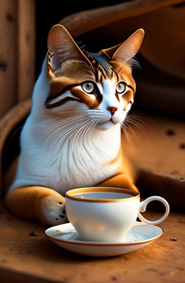 Brown and White Cat with Coffee Cup on Wooden Surface