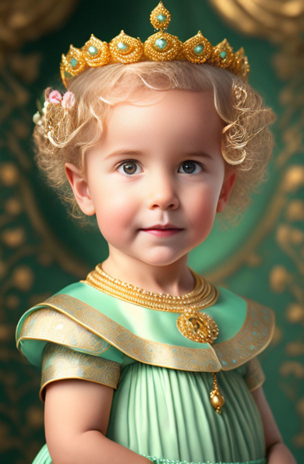 Child in fancy green dress and gold crown smiles against green background