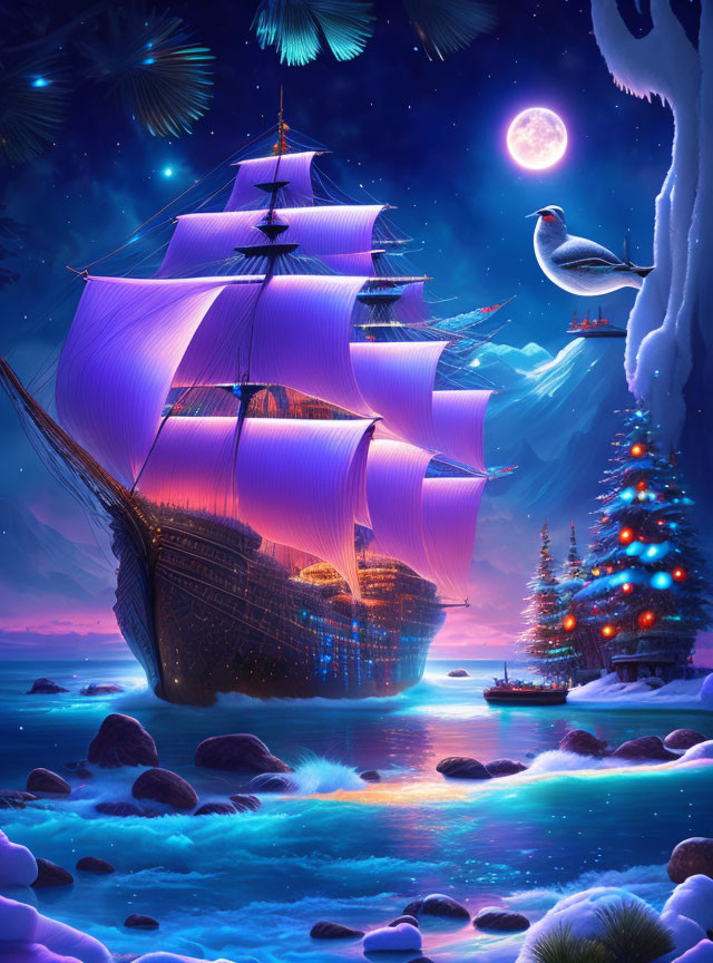 Fantastical ship with glowing purple sails on serene night sea with pink moon, bird, and Christmas