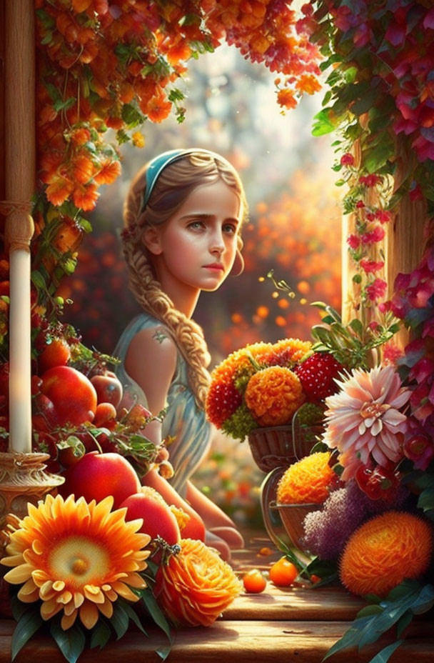 Young girl with braid by autumn window with flowers and fruits in golden light