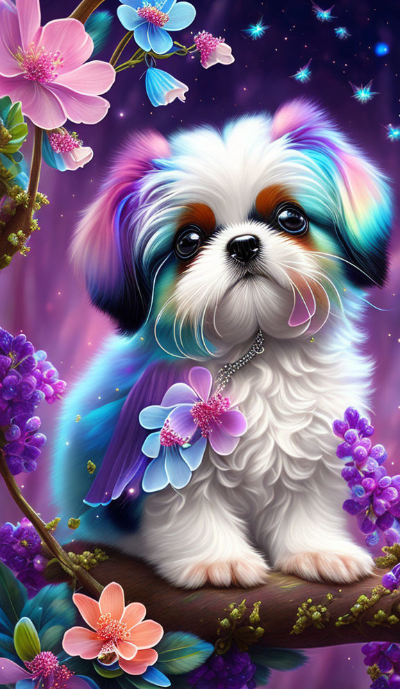 Colorful Fluffy Dog with Big Eyes in Cosmic Floral Scene