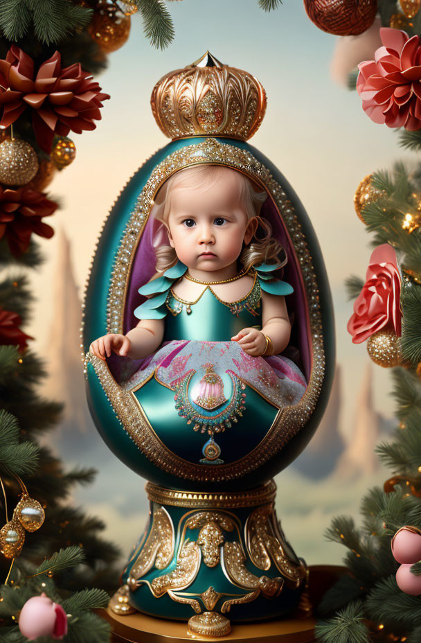 Digital Artwork: Baby in Fabergé Egg with Festive Decorations