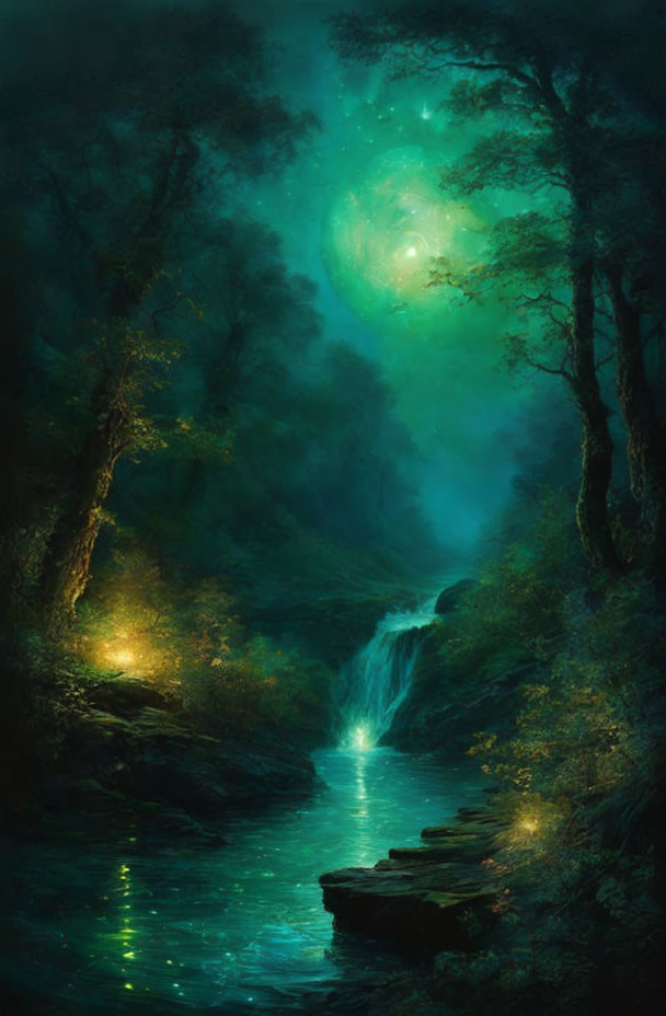 Enchanting nighttime forest with green glow, waterfall, serene river