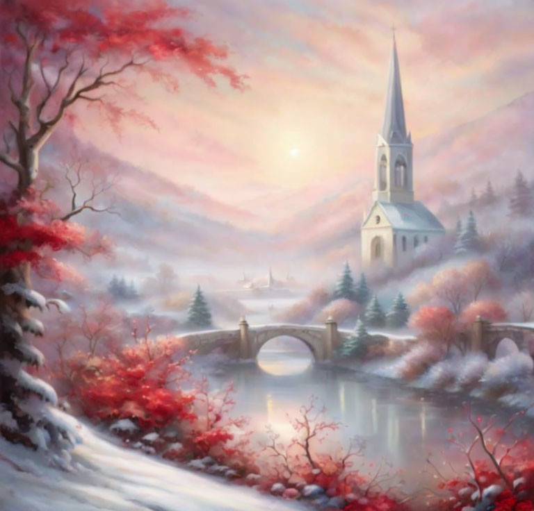 Snow-covered winter landscape with church, river, bridge, and pink sunset sky