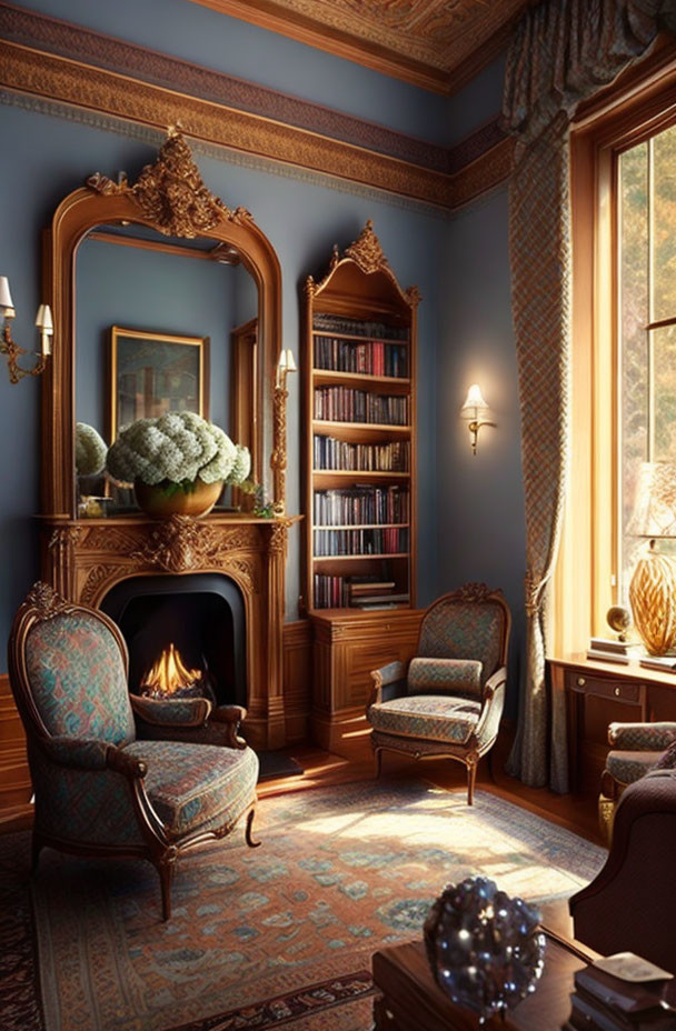 Victorian-style study with blue walls, ornate fireplace, bookshelves, upholstered chairs,