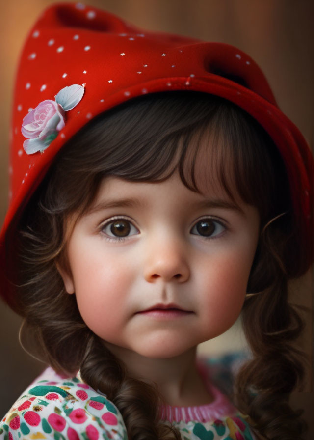 Child with big brown eyes and curly hair in red hat with white rose gazes at camera