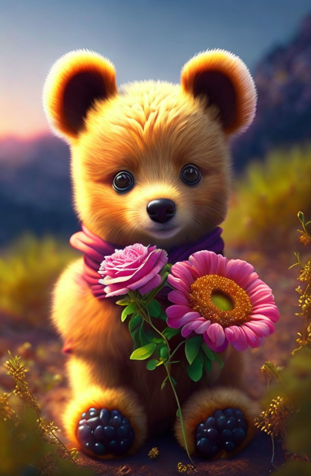 Fluffy golden puppy illustration with expressive eyes and pink flower in mouth