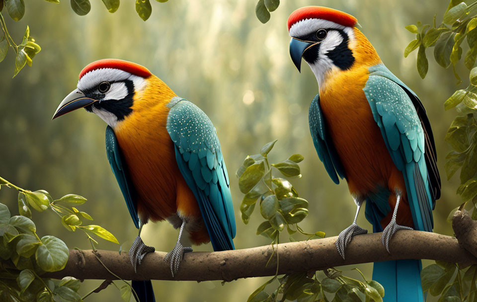 Vibrant blue and orange birds with red and white heads on branch in green foliage