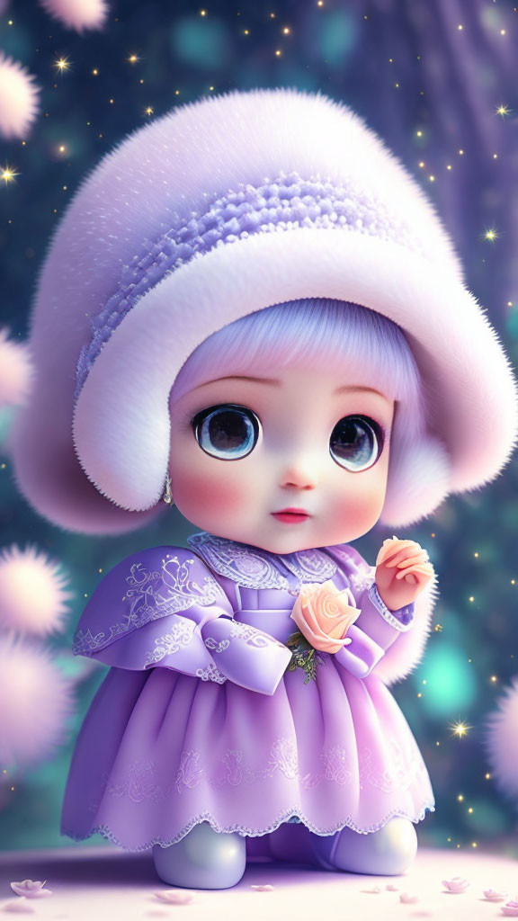 Animated character in purple dress with white hat holding rose on sparkling background