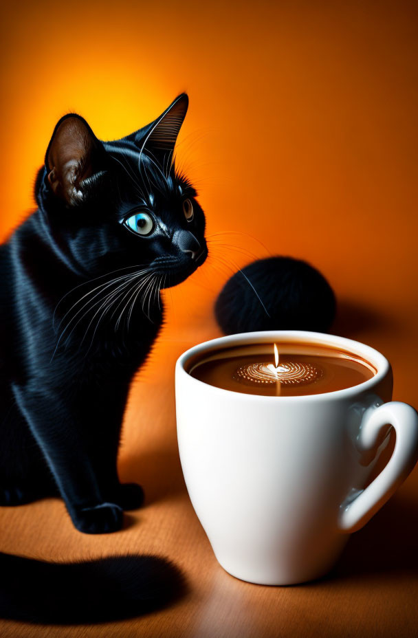 Curious black cat and candle in coffee cup on orange backdrop