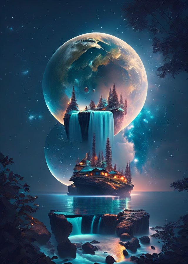 Fantasy landscape with floating island, waterfalls, trees, and moon in mystical blue light