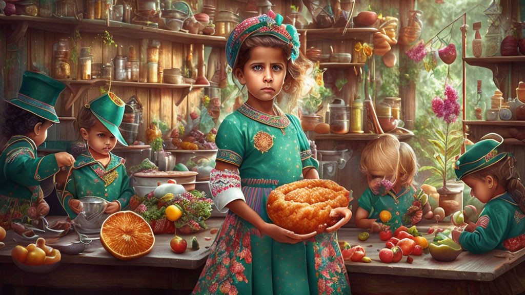 Child in turquoise dress holding pie in rustic kitchen with uniformed individuals.