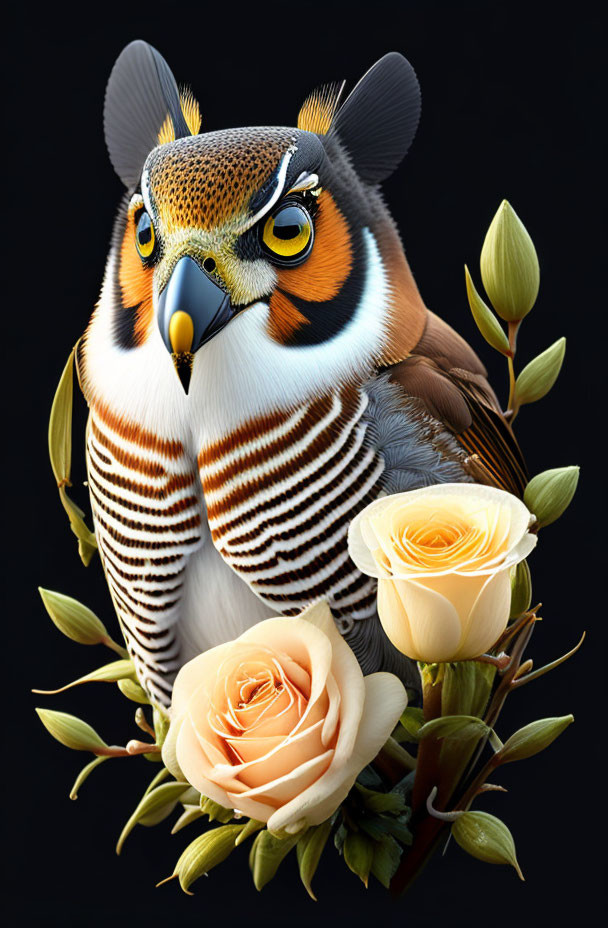 Digital artwork: Owl with tiger stripes, white roses, and foliage on black background