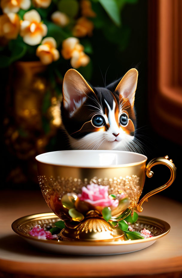 Black, white, and orange kitten in golden teacup near flowers