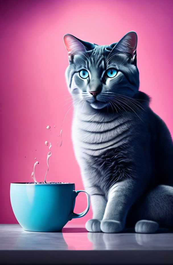 Grey Tabby Cat with Blue Eyes Next to Splashing Blue Cup on Pink Background