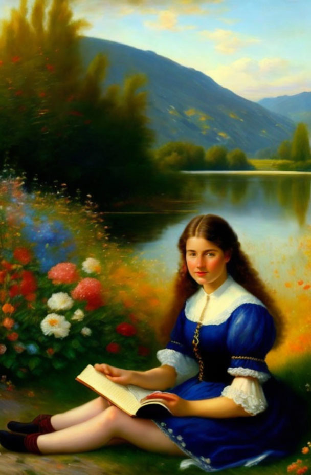 Traditional dressed woman reads by lake with flowers and mountains