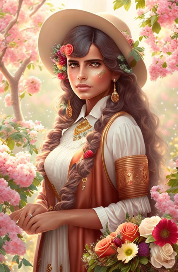 Blue-eyed woman surrounded by flowers and golden jewelry in vintage attire