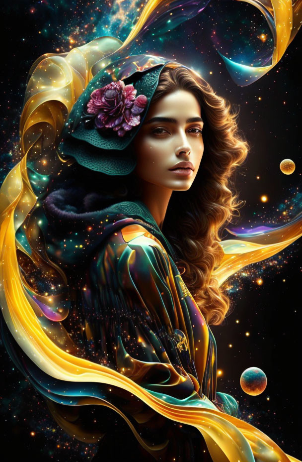 Digital artwork: Woman with wavy hair, hat with purple flower, colorful garment, cosmic background.