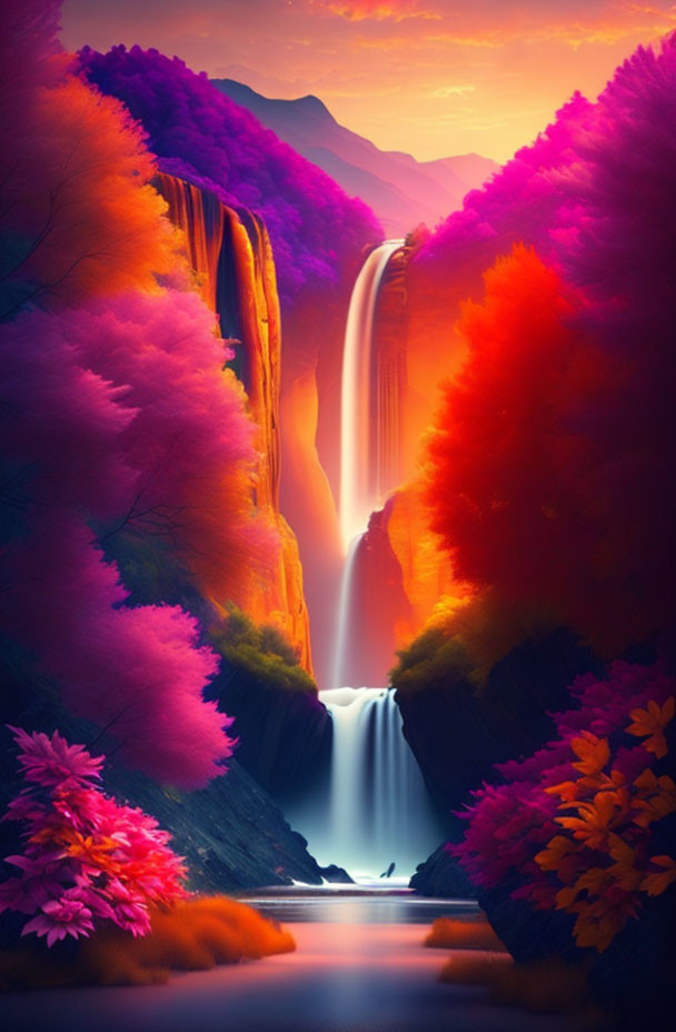 Colorful digitally-altered landscape with cascading waterfall and vibrant foliage under warm sunset sky