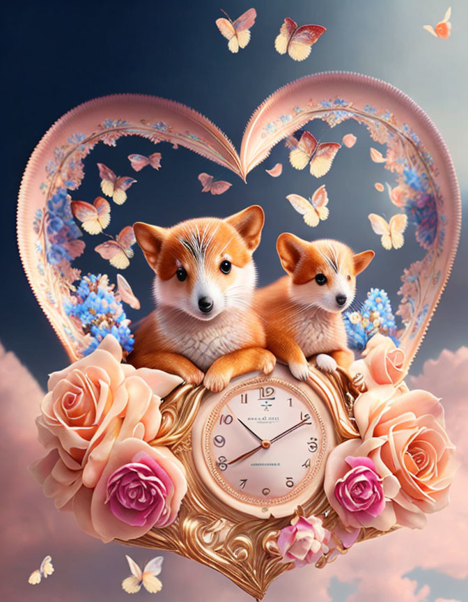 Corgi puppies on golden clock with roses and heart background