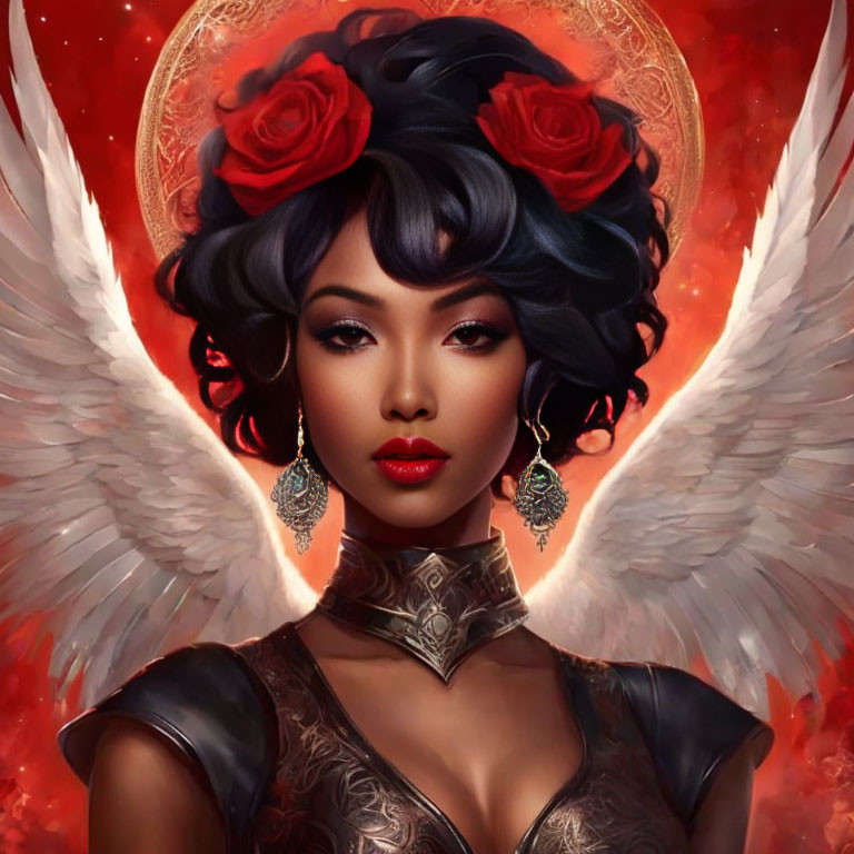 Digital artwork: Woman with angel wings, red roses, ornate armor in warm backdrop