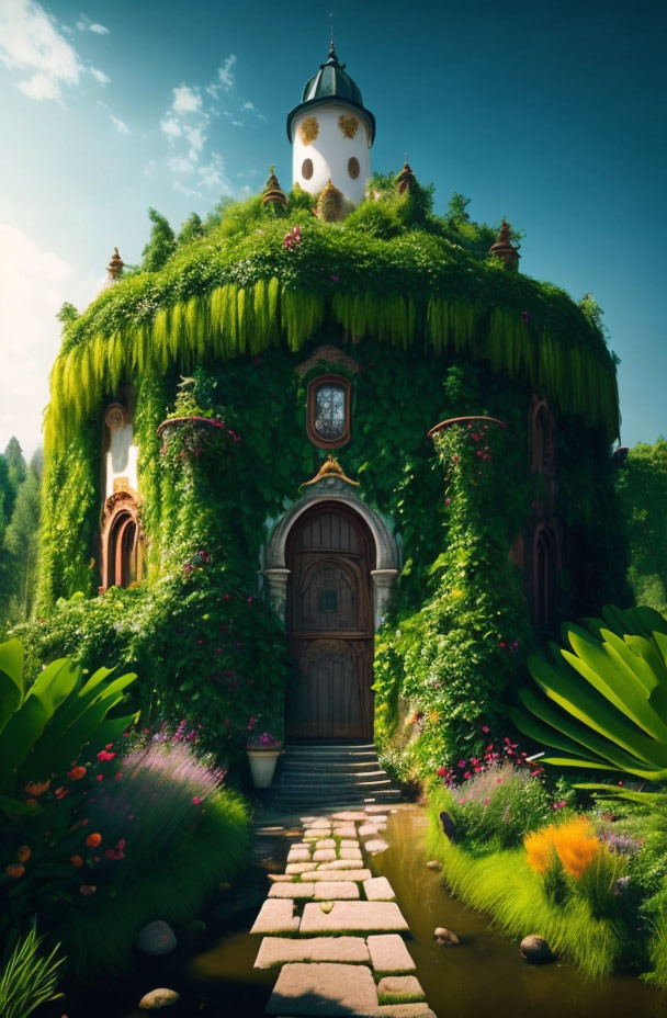 Enchanting house with ivy, flowers, wooden door, and tower under clear sky