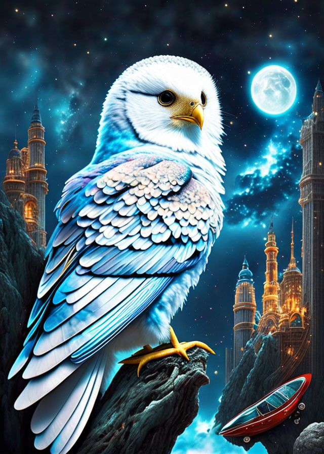 White eagle with blue feathers perched under full moon and illuminated towers in surreal night sky