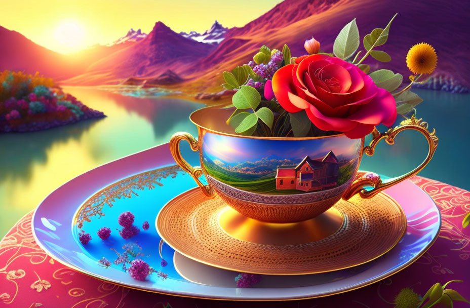 Golden teacup with blooming flowers in surreal sunset landscape