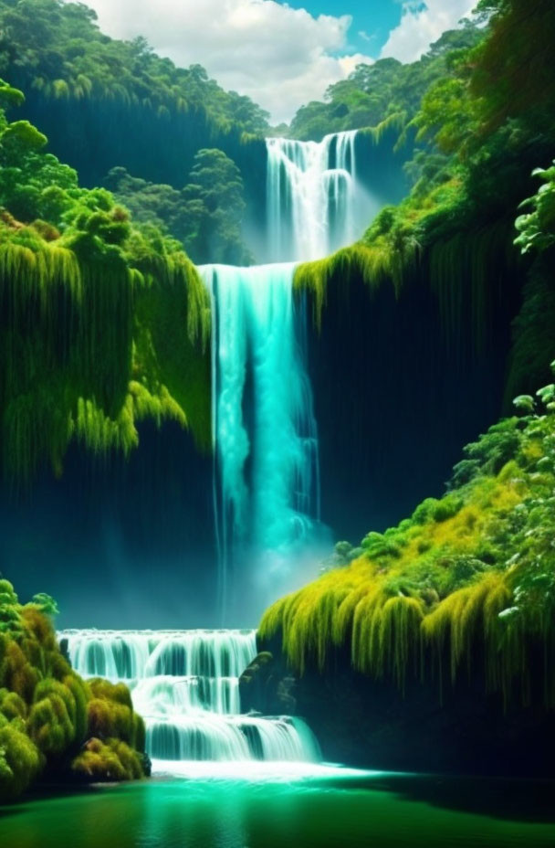 Tranquil waterfall with lush greenery